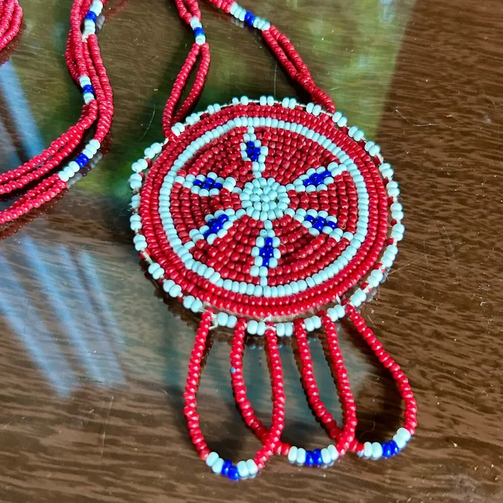 Vintage Beaded Medallion Necklace Red White Blue Southwestern Style